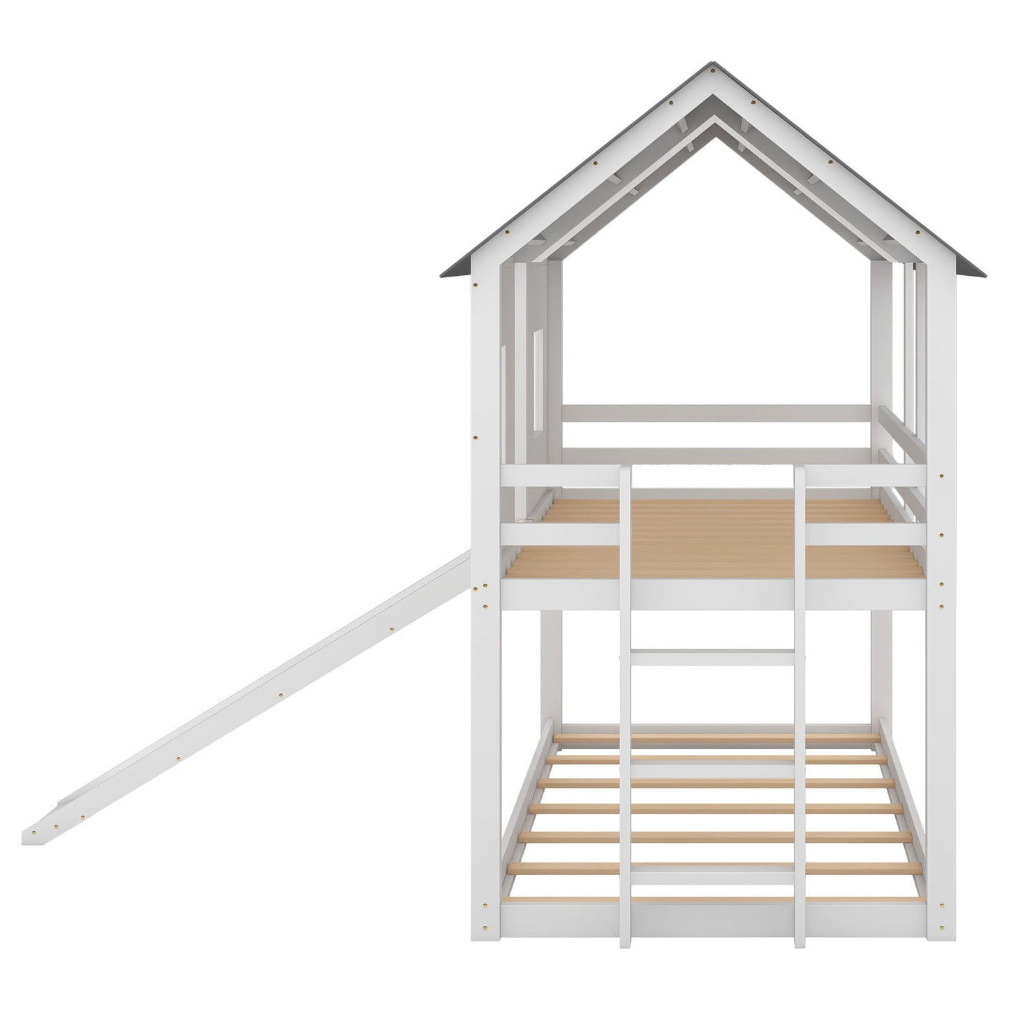 Twin Over Twin House Bunk Bed With Slide And Windows - White / Gray - The Sleep Loft - Online Mattress Showroom NYC