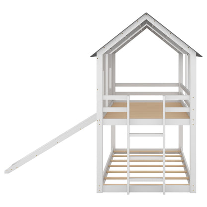 Twin Over Twin House Bunk Bed With Slide And Windows - White / Gray - The Sleep Loft - Online Mattress Showroom NYC