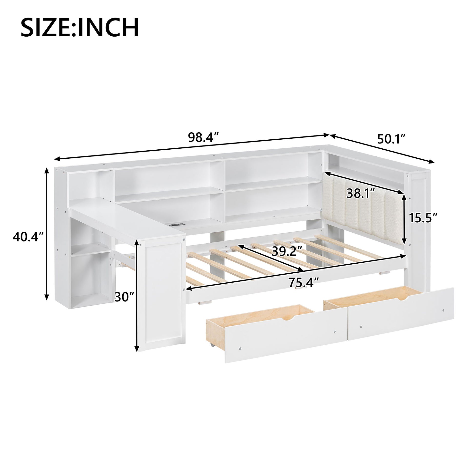 Platform Bed With Upholstered Headboard, Storage Shelves, Drawers, Charging Station, LED Lighting, Built In Desk - The Sleep Loft - Online Mattress Showroom NYC