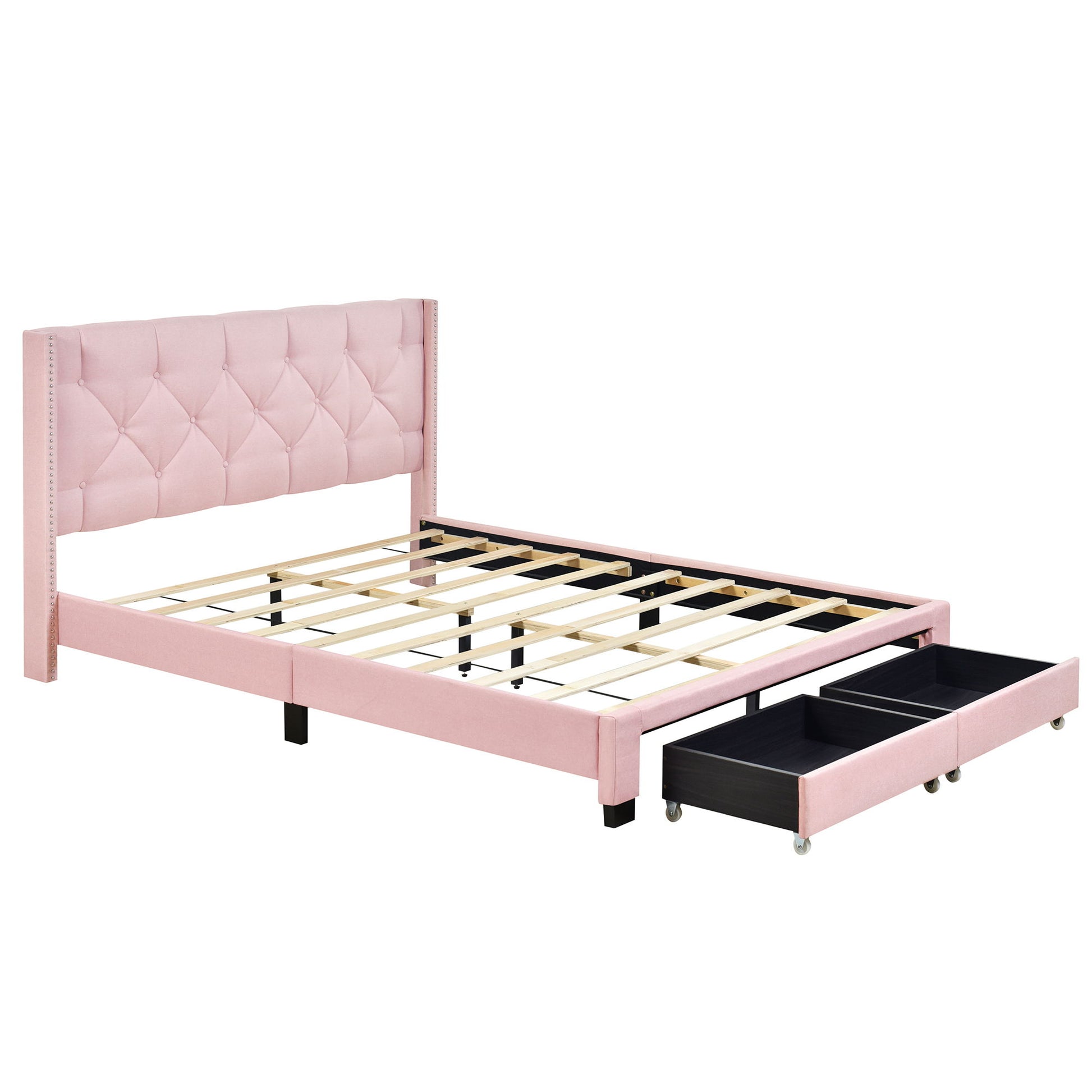 Queen Size Storage Bed Linen Upholstered Platform Bed & Two Drawers - Pink - The Sleep Loft - Online Mattress Showroom NYC