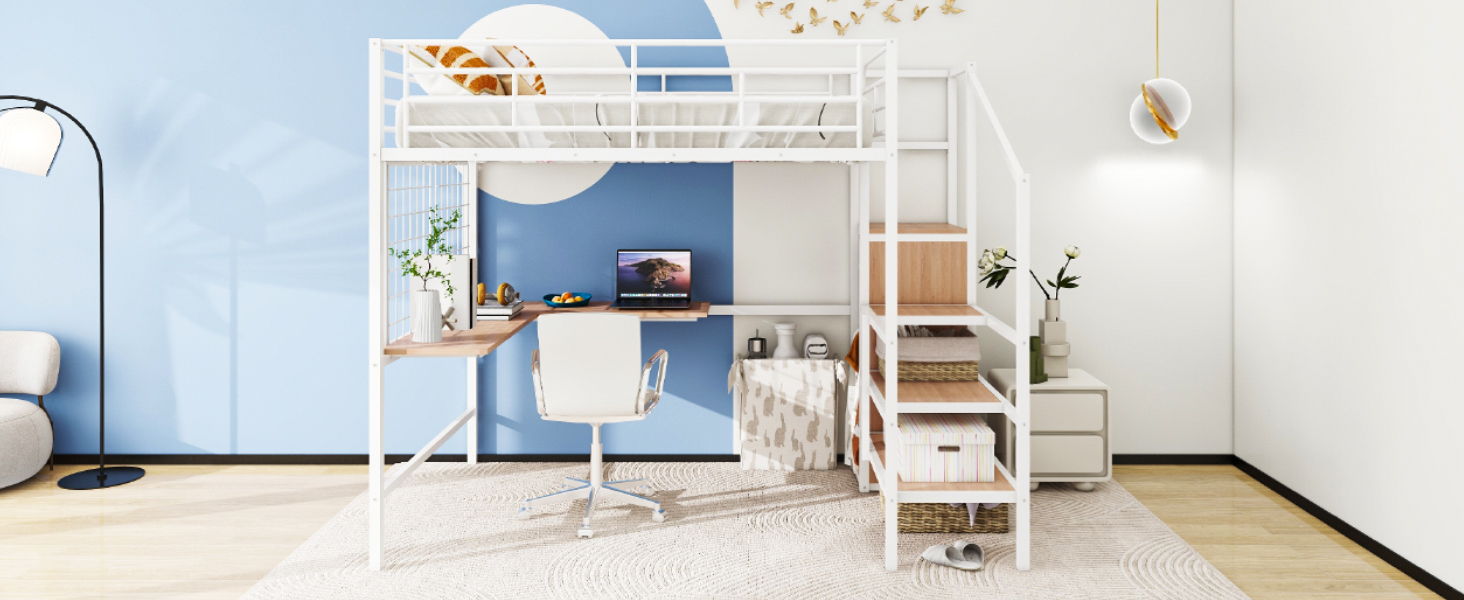 Loft Bed With Desk And Grid, Stylish Frame With Lateral Storage Ladder And Wardrobe - The Sleep Loft - Online Mattress Showroom NYC