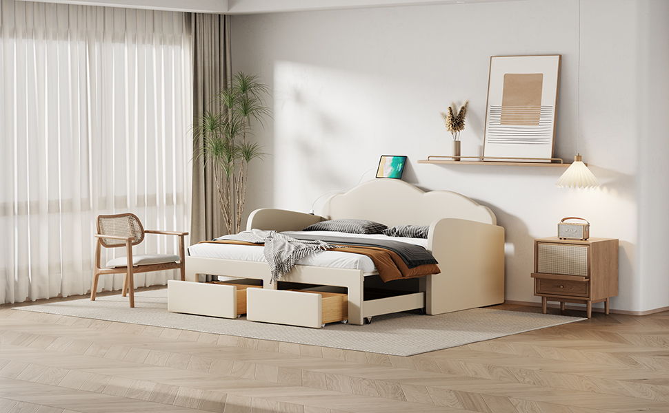 Upholstered Daybed With Cloud-Shaped Backrest, Trundle & 2 Drawers And USB Ports - The Sleep Loft - Online Mattress Showroom NYC