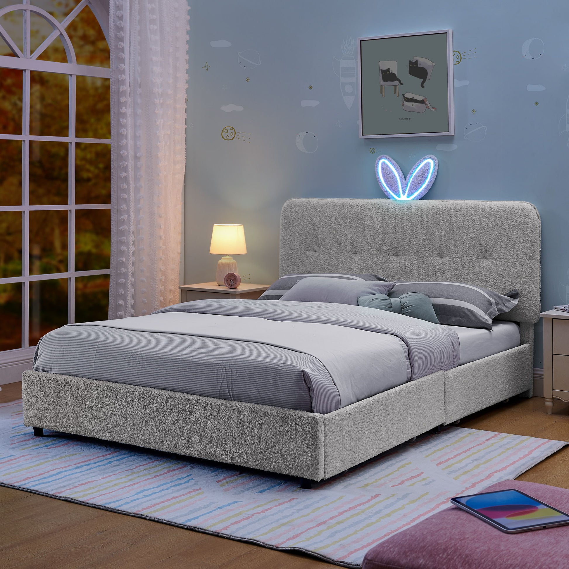 Upholstered Bed With Oversized Rabbit Ear Headboard, LED Lights & 4 Storage Drawers - The Sleep Loft - Online Mattress Showroom NYC