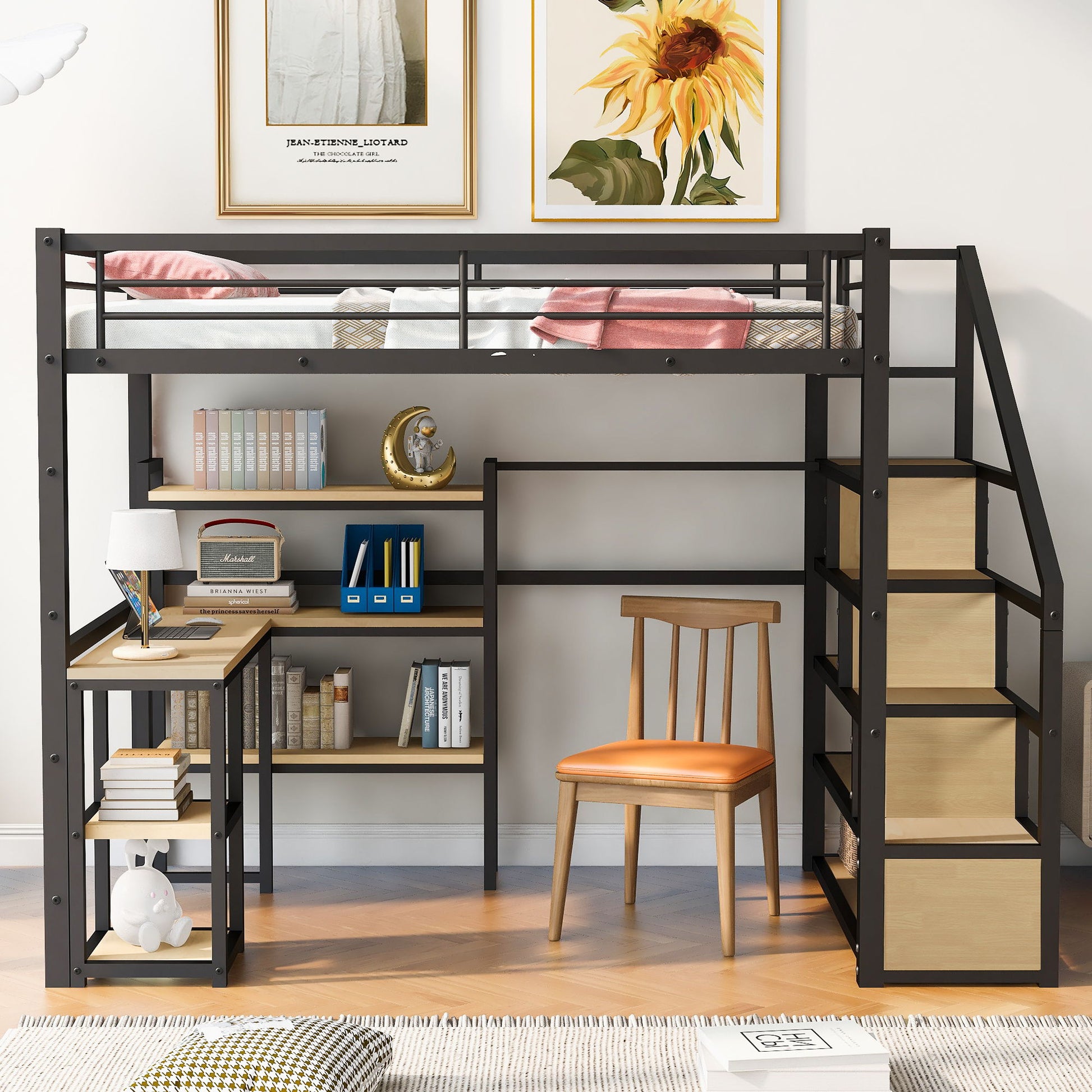 Full Size Loft Bed With Staircase, Built In Desk And Shelves And Sleeping Surface - Black - The Sleep Loft - Online Mattress Showroom NYC