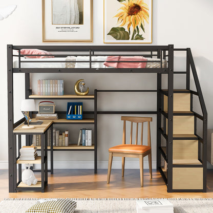 Full Size Loft Bed With Staircase, Built In Desk And Shelves And Sleeping Surface - Black - The Sleep Loft - Online Mattress Showroom NYC