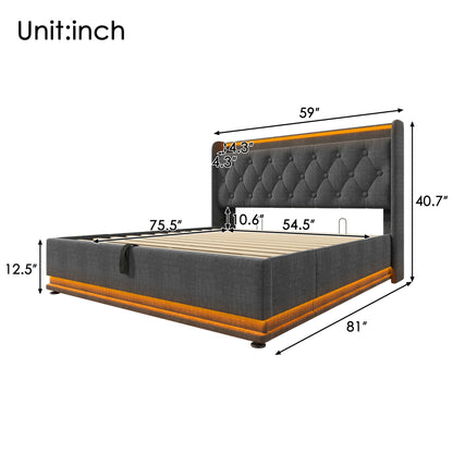 Upholstered Bed, 360 Surround LED Function, Remote Control, Hydraulic Storage Bed With USB, Type-C Charging (Without Mattress) - The Sleep Loft - Online Mattress Showroom NYC