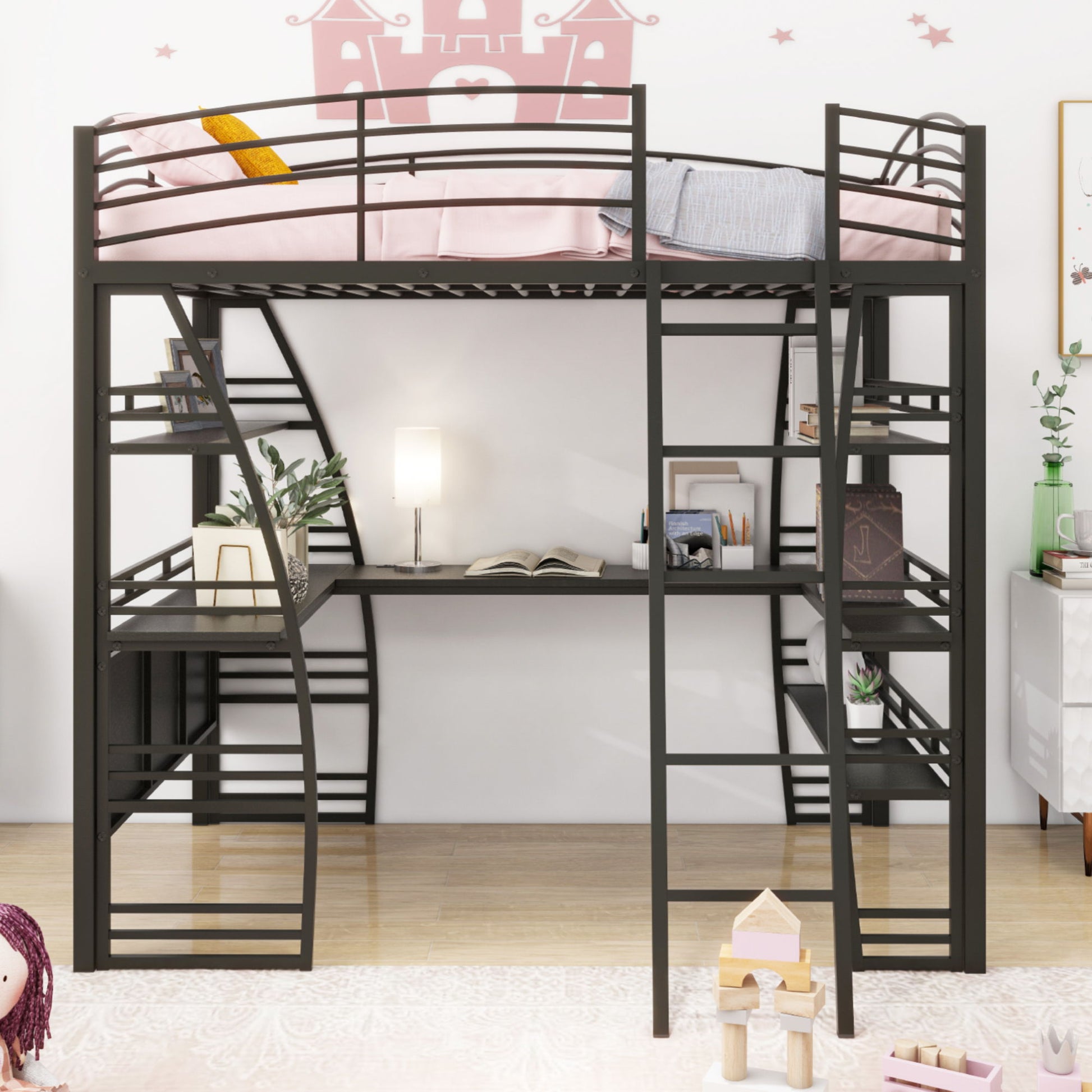 Loft Bed With 4 Layers Of Shelves And L-Shaped Desk, Stylish Metal Frame Bed With A Set Of Sockets, USB Ports And And Wireless Charging - The Sleep Loft - Online Mattress Showroom NYC