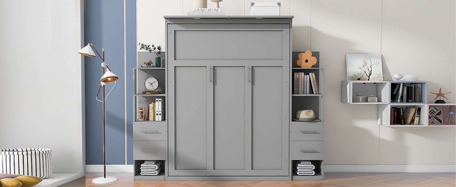 Murphy Wall Bed With Shelves, Drawers And LED Lights - The Sleep Loft - Online Mattress Showroom NYC