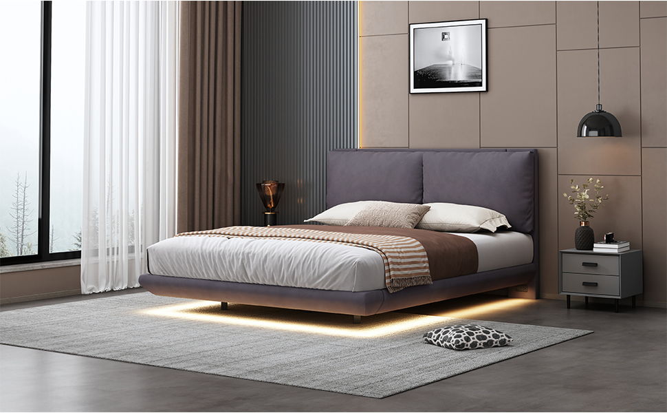 Upholstered Platform Bed With Sensor Light And 2 Large Backrests, With 2 Sets Of USB Port And Socket On Each Rear Bed Leg - The Sleep Loft - Online Mattress Showroom NYC