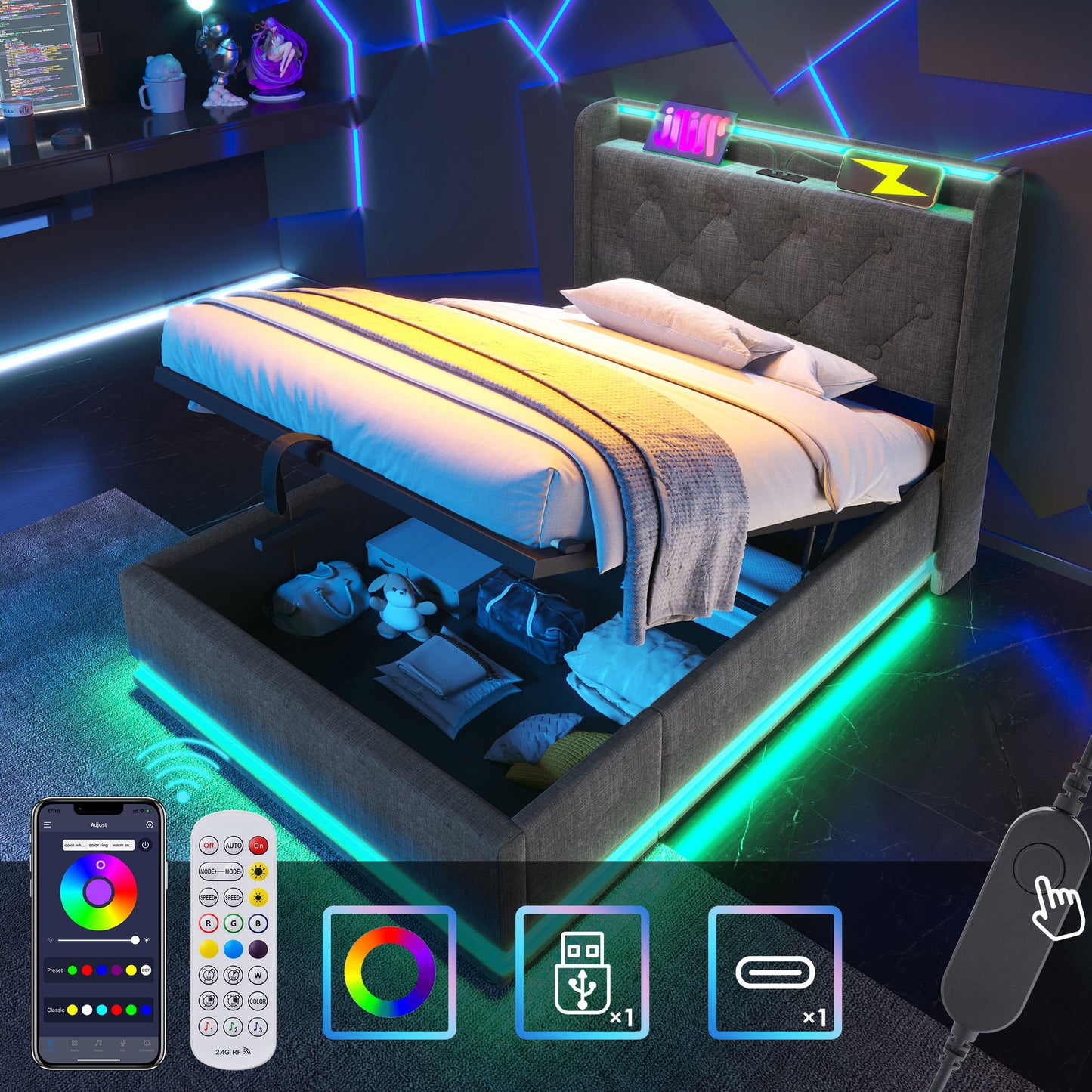 Upholstered Bed, 360 Surround LED Function, Remote Control, Hydraulic Storage Bed With USB, Type-C Charging (Without Mattress) - The Sleep Loft - Online Mattress Showroom NYC