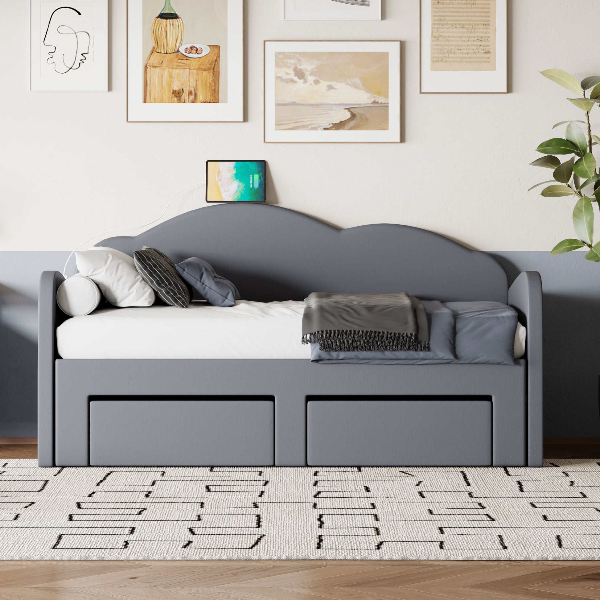 Upholstered Daybed With Cloud-Shaped Backrest, Trundle & 2 Drawers And USB Ports - The Sleep Loft - Online Mattress Showroom NYC