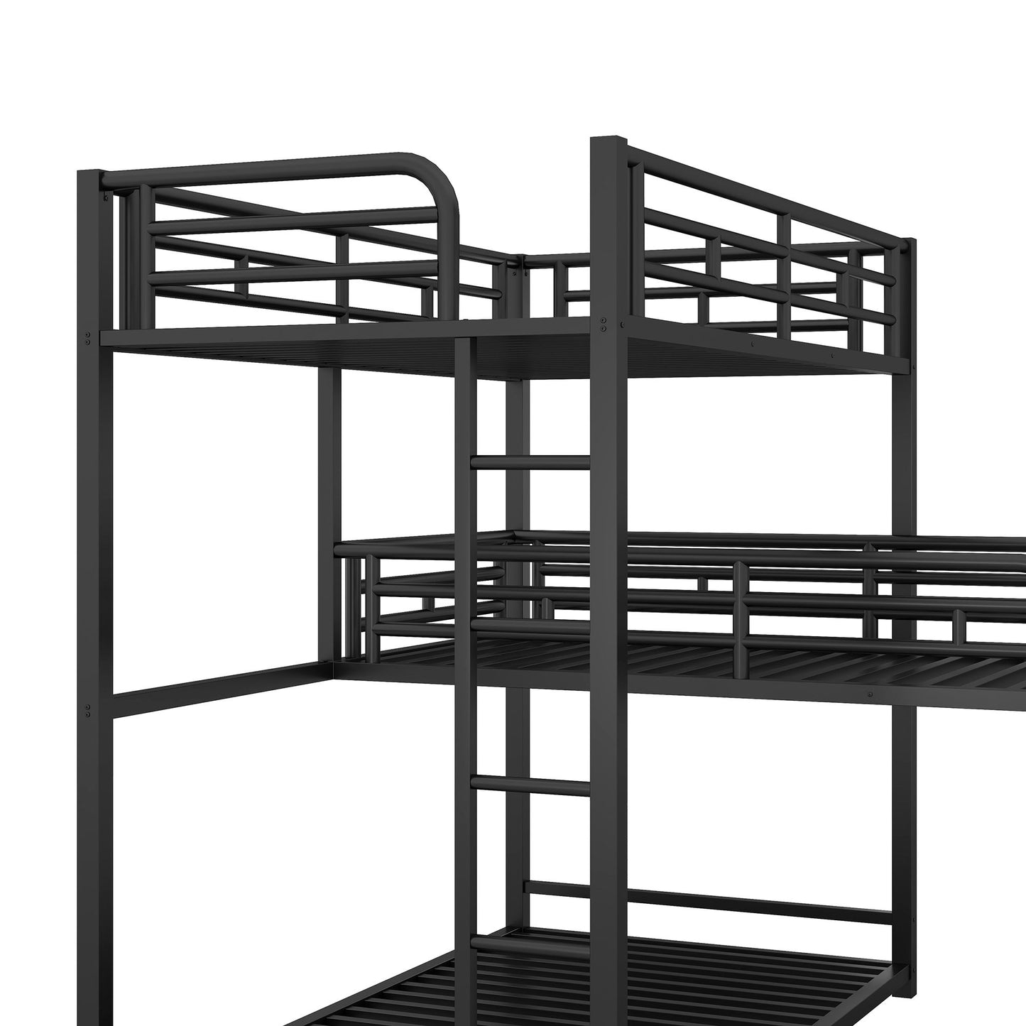 L-Shaped Triple Twin Size Bunk Bed, Industrial Design With Integrated Ladder And Full Length Guardrails - Black - The Sleep Loft - Online Mattress Showroom NYC
