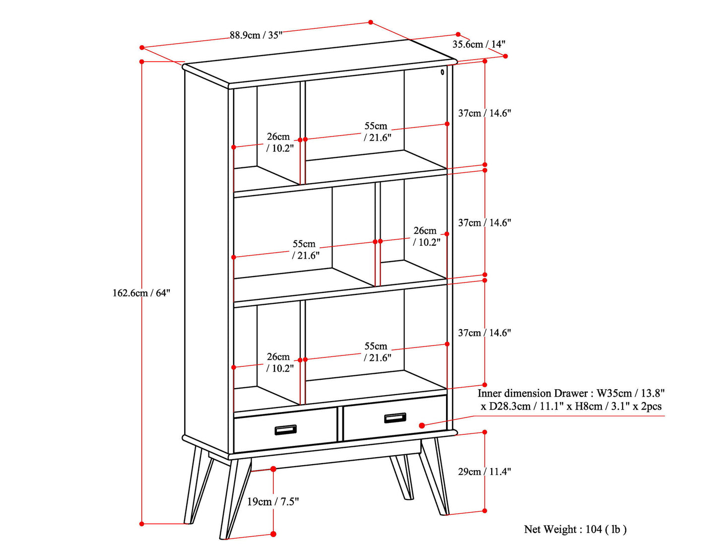 Draper - Mid Century Wide Bookcase And Storage Unit - The Sleep Loft - Online Mattress Showroom NYC