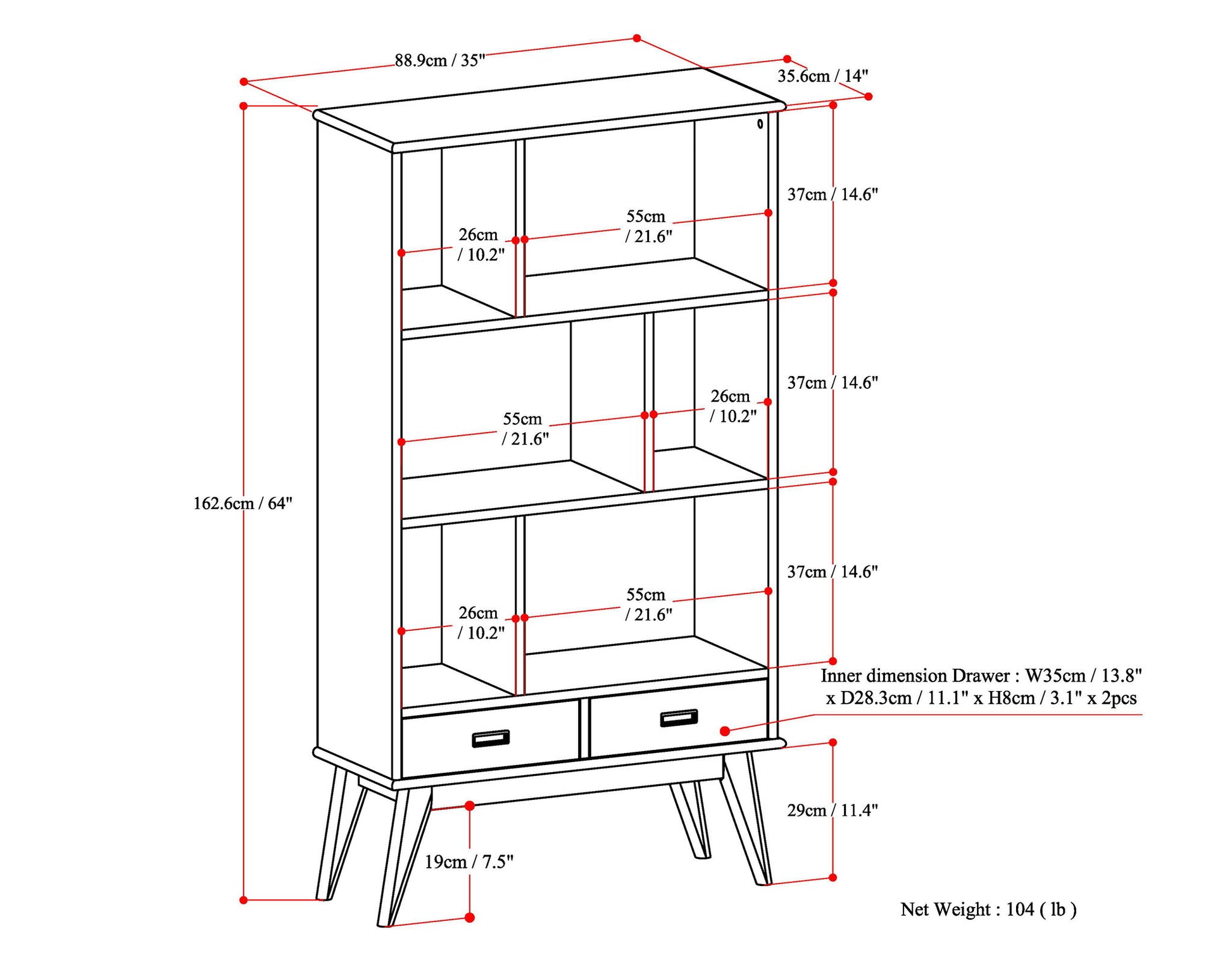 Draper - Mid Century Wide Bookcase And Storage Unit - The Sleep Loft - Online Mattress Showroom NYC