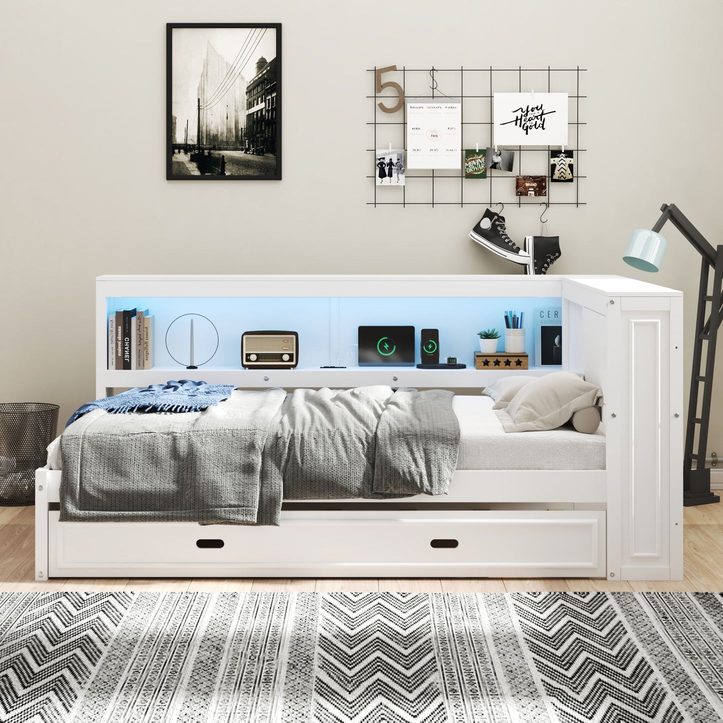 Daybed With Storage Shelves, LED, USB, And Trundle - The Sleep Loft - Online Mattress Showroom NYC