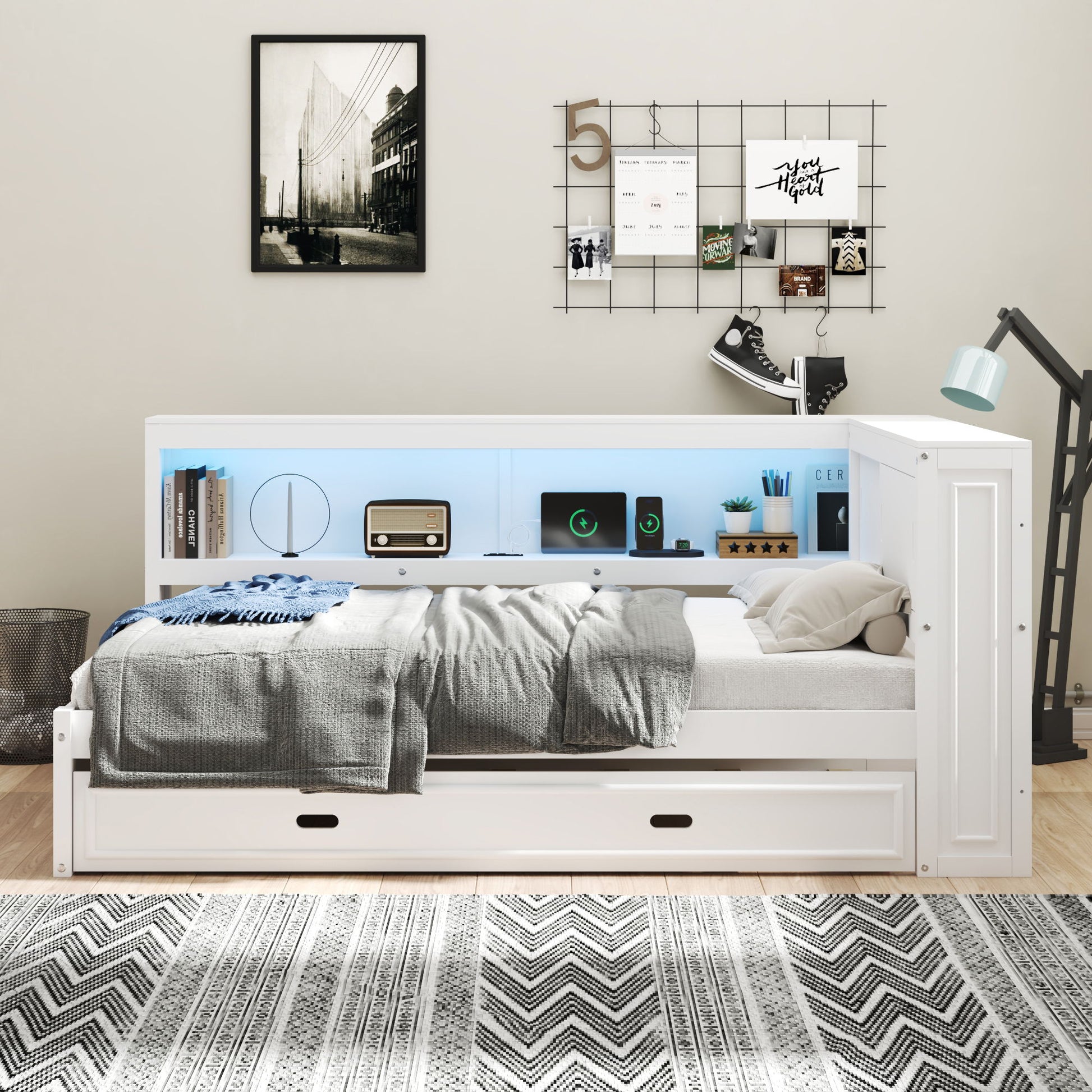 Daybed With Storage Shelves, LED, USB, And Trundle - The Sleep Loft - Online Mattress Showroom NYC