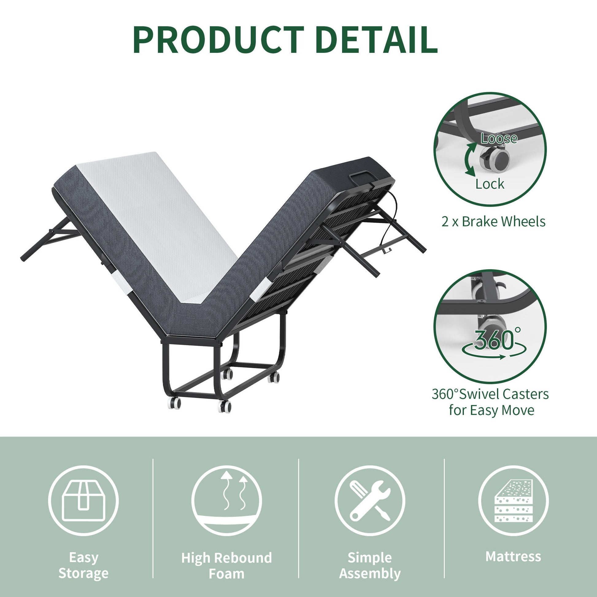 Twin Extra Long Folding Bed For Tall People, Heavy-Duty Rollaway Guest With Memory Foam Mattress - Black - The Sleep Loft - Online Mattress Showroom NYC