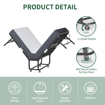 Twin Extra Long Folding Bed For Tall People, Heavy-Duty Rollaway Guest With Memory Foam Mattress - Black - The Sleep Loft - Online Mattress Showroom NYC
