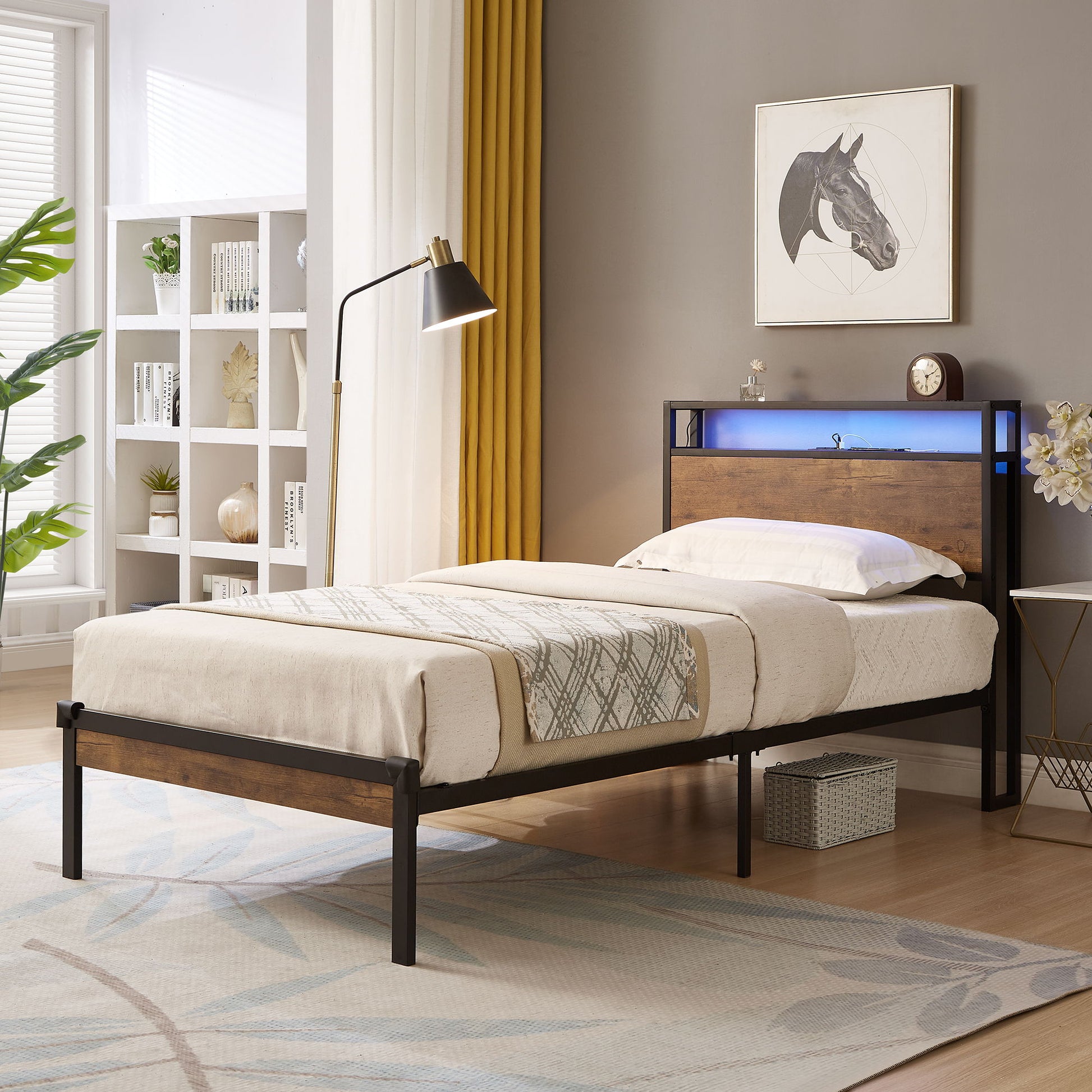 Twin Size Platform Bed Frame, LED Lights With Remote Control, USB Charging Port, Large Under Bed Storage - Black / Brown - The Sleep Loft - Online Mattress Showroom NYC