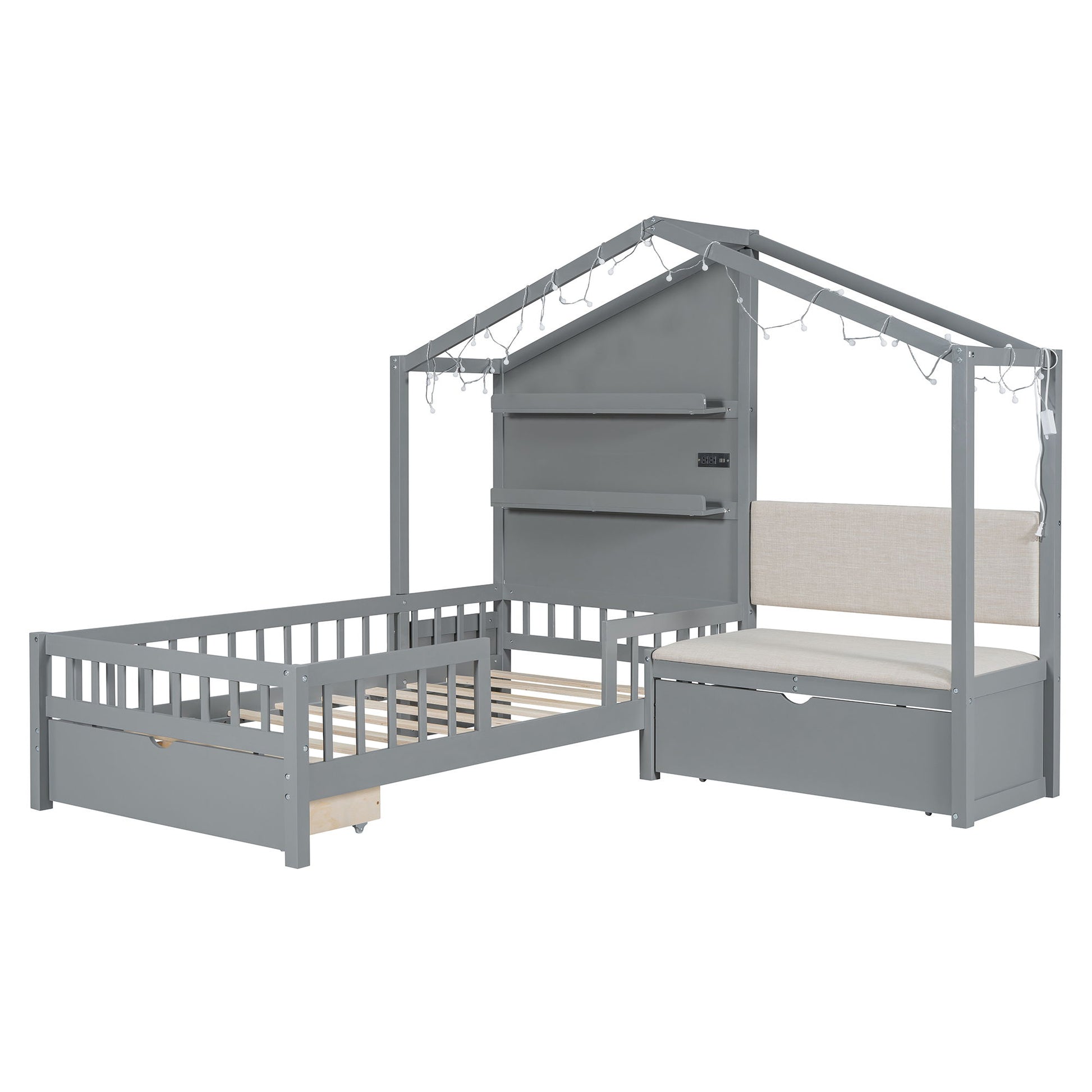 House Bed With Upholstered Sofa, Wireless Charging Station, Shelves And 2 Drawers - The Sleep Loft - Online Mattress Showroom NYC