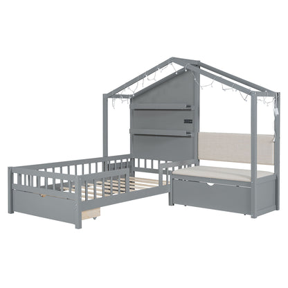 House Bed With Upholstered Sofa, Wireless Charging Station, Shelves And 2 Drawers - The Sleep Loft - Online Mattress Showroom NYC