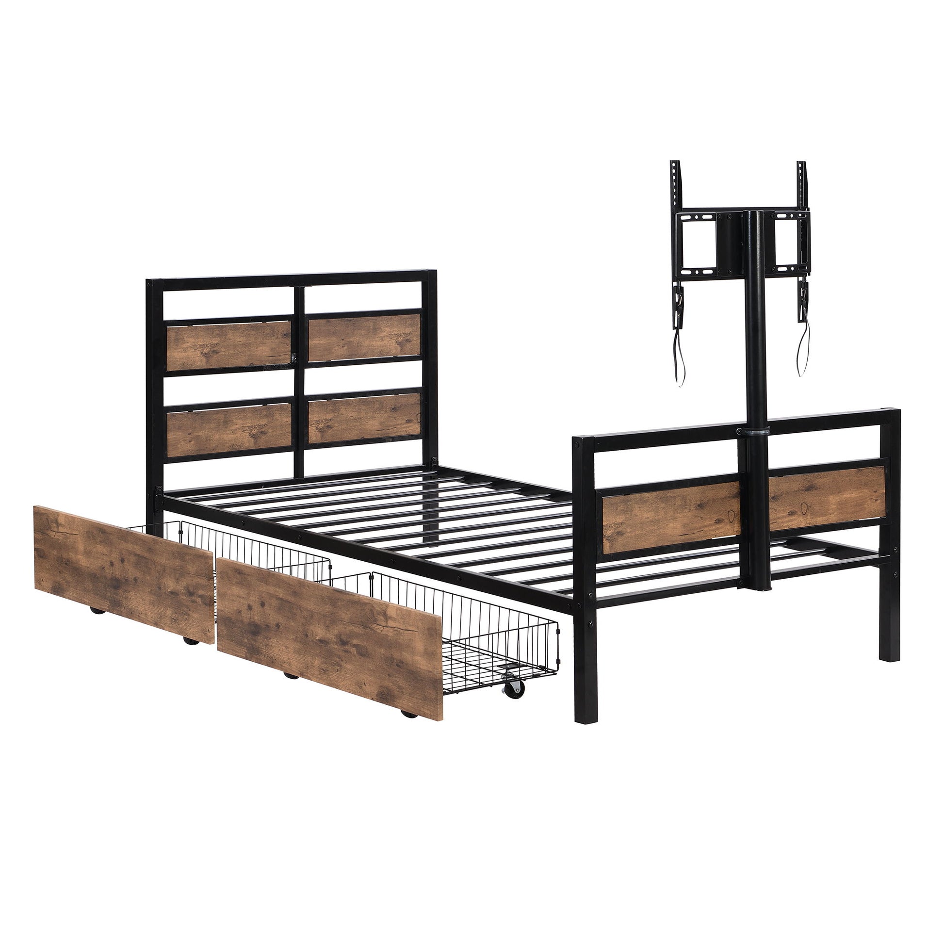 Twin Size Platform Bed With Headboard And Footboard, 2 Storage Drawers And Rotatable TV Stand - Black - The Sleep Loft - Online Mattress Showroom NYC
