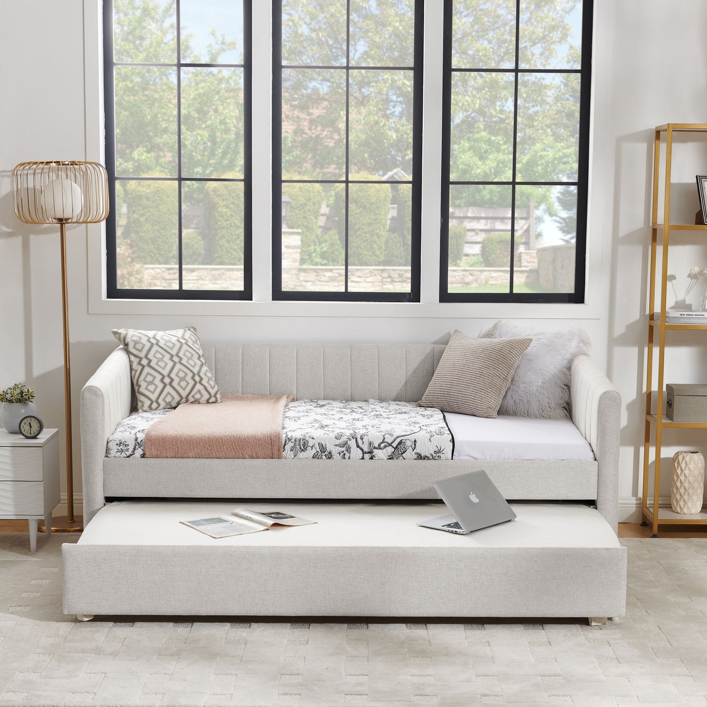 Upholstered Daybed With Trundle With Vertical Stripes - The Sleep Loft - Online Mattress Showroom NYC