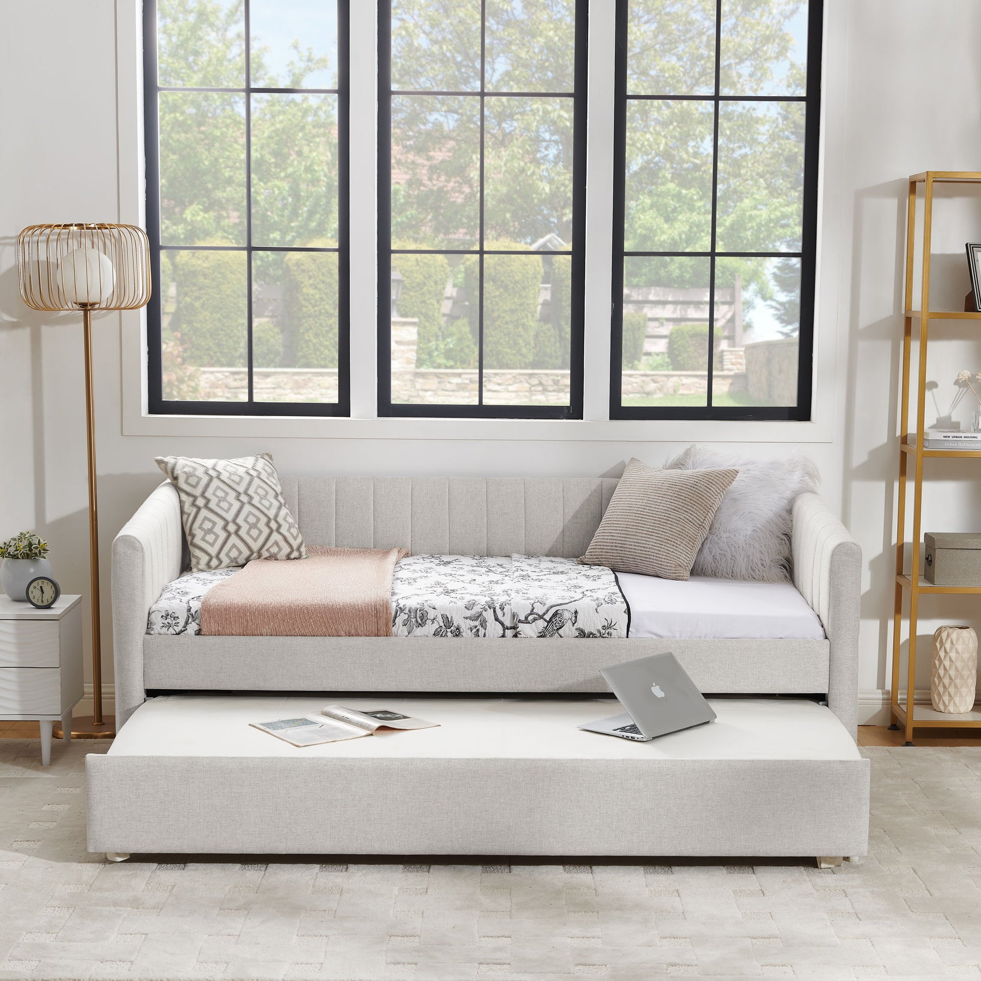 Upholstered Daybed With Trundle With Vertical Stripes - The Sleep Loft - Online Mattress Showroom NYC