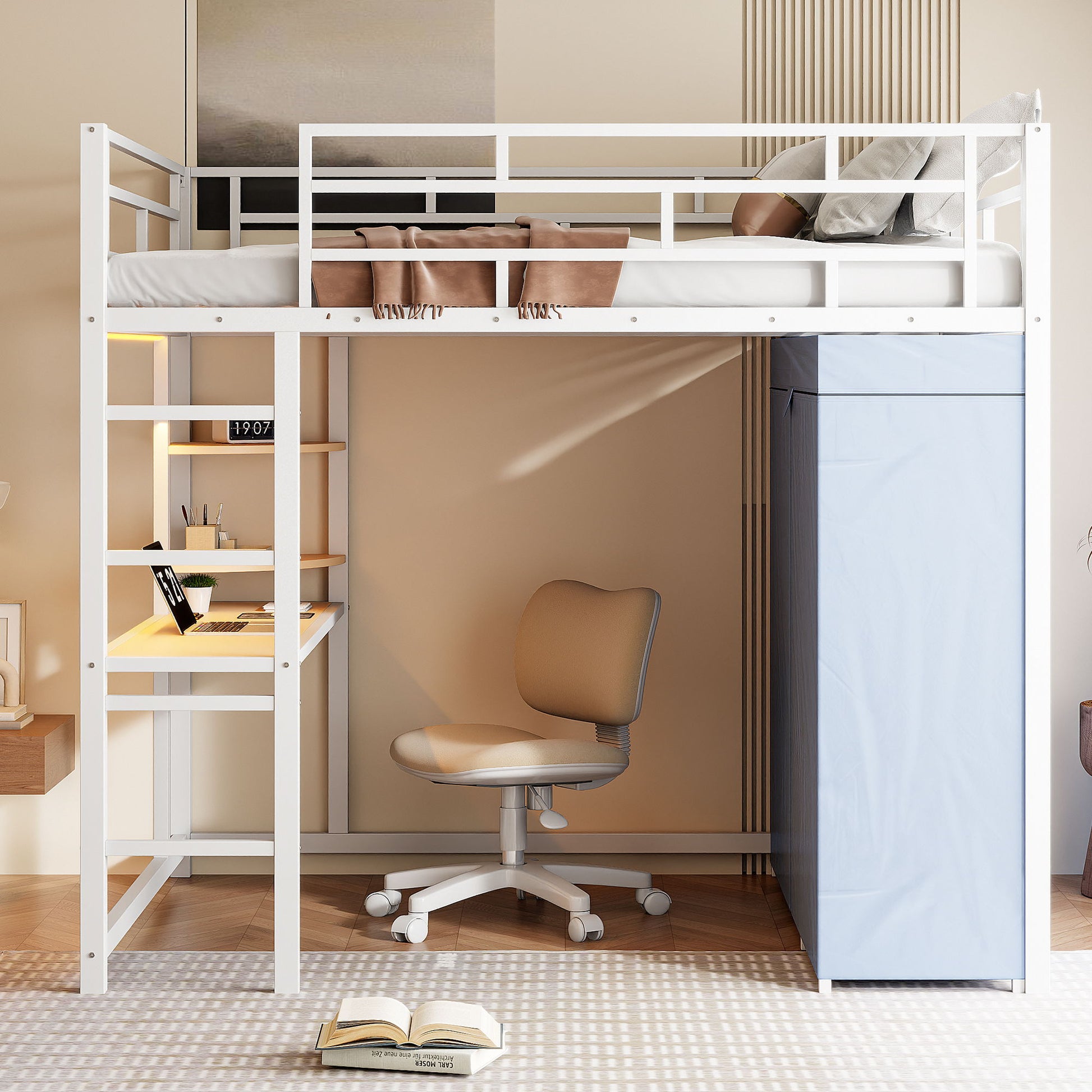 Loft Bed With Desk, Shelves, Power Outlet, LED Light And Wardrobe - The Sleep Loft - Online Mattress Showroom NYC