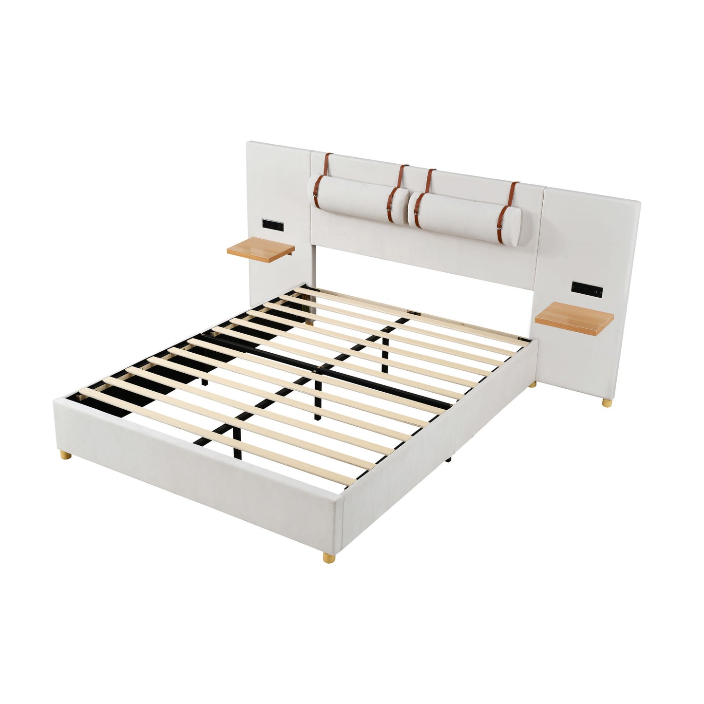 Upholstered Platform Bed, 2 Outlets And USB Charging Ports On Both Sides, 2 Bedside Pillows, Storage Shelves - The Sleep Loft - Online Mattress Showroom NYC