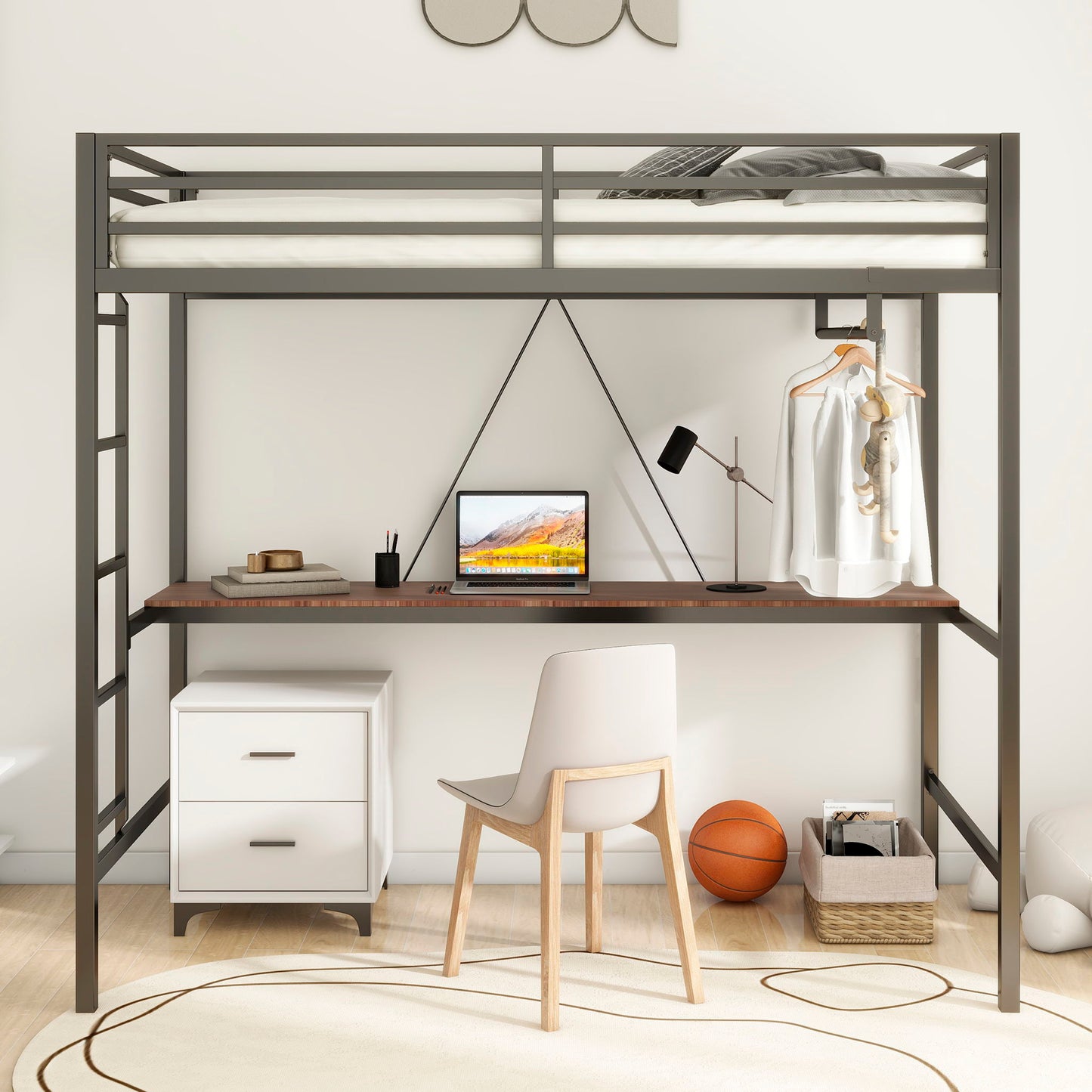 Adam - Twin Loft Bunk Bed With Cinnamon Wood Desk And Closet Rod - Black - The Sleep Loft - Online Mattress Showroom NYC