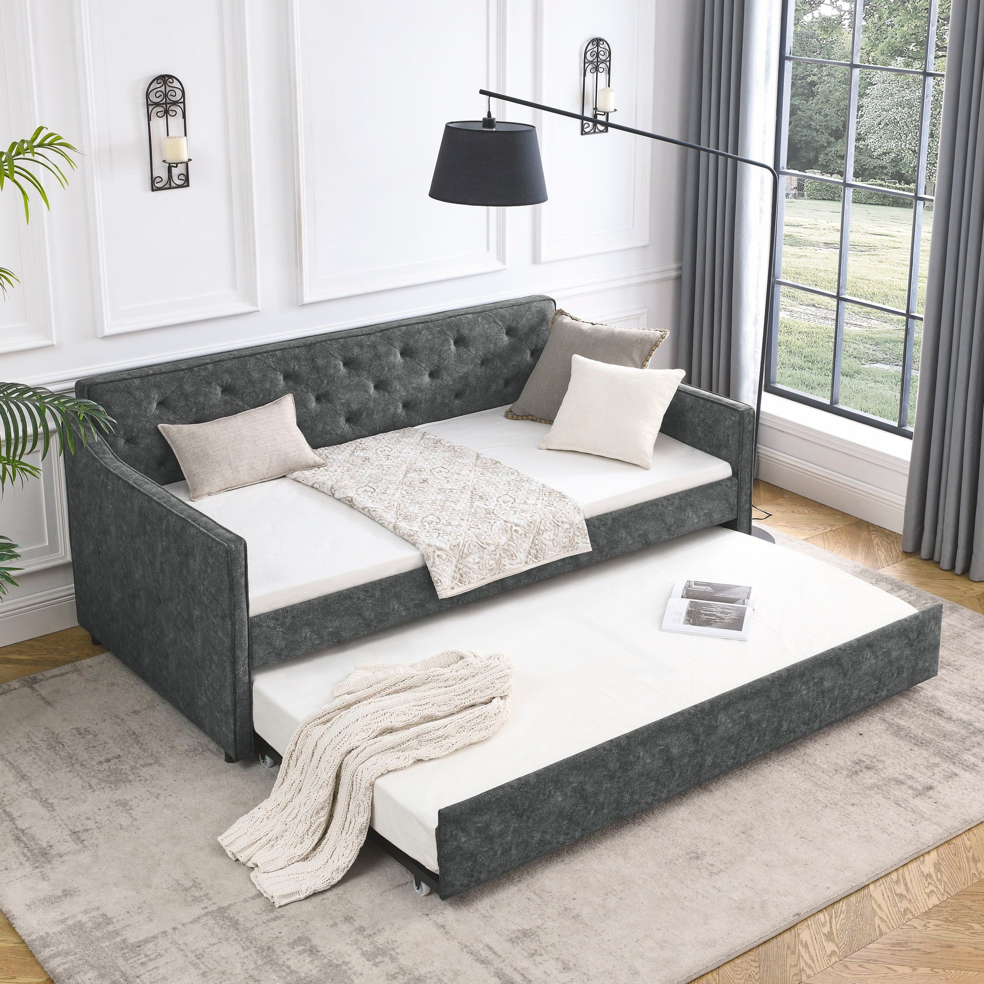 Twin Upholstered Daybed With Trundle, Waved Arms - Gray - The Sleep Loft - Online Mattress Showroom NYC