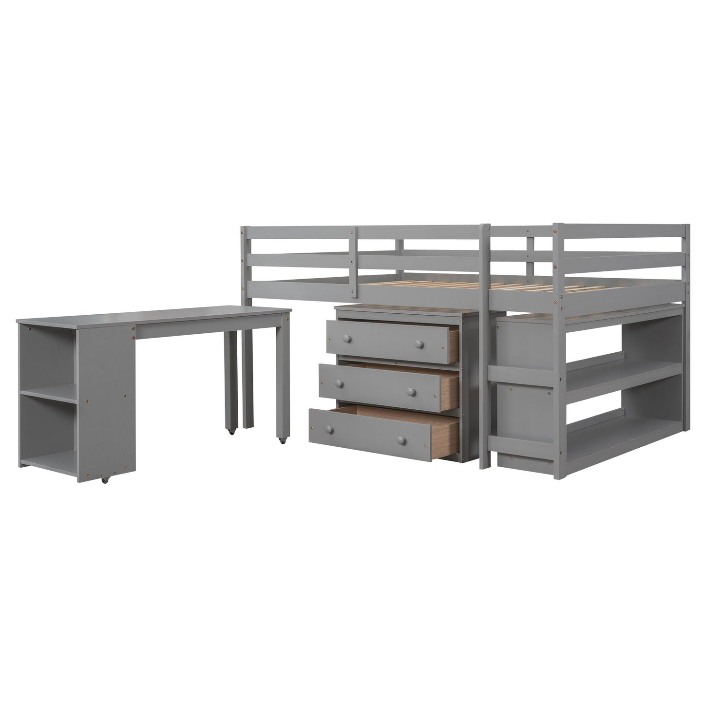 Loft Low Study Bed With Cabinet, Shelves And Rolling Portable Desk, Multiple Functions - The Sleep Loft - Online Mattress Showroom NYC