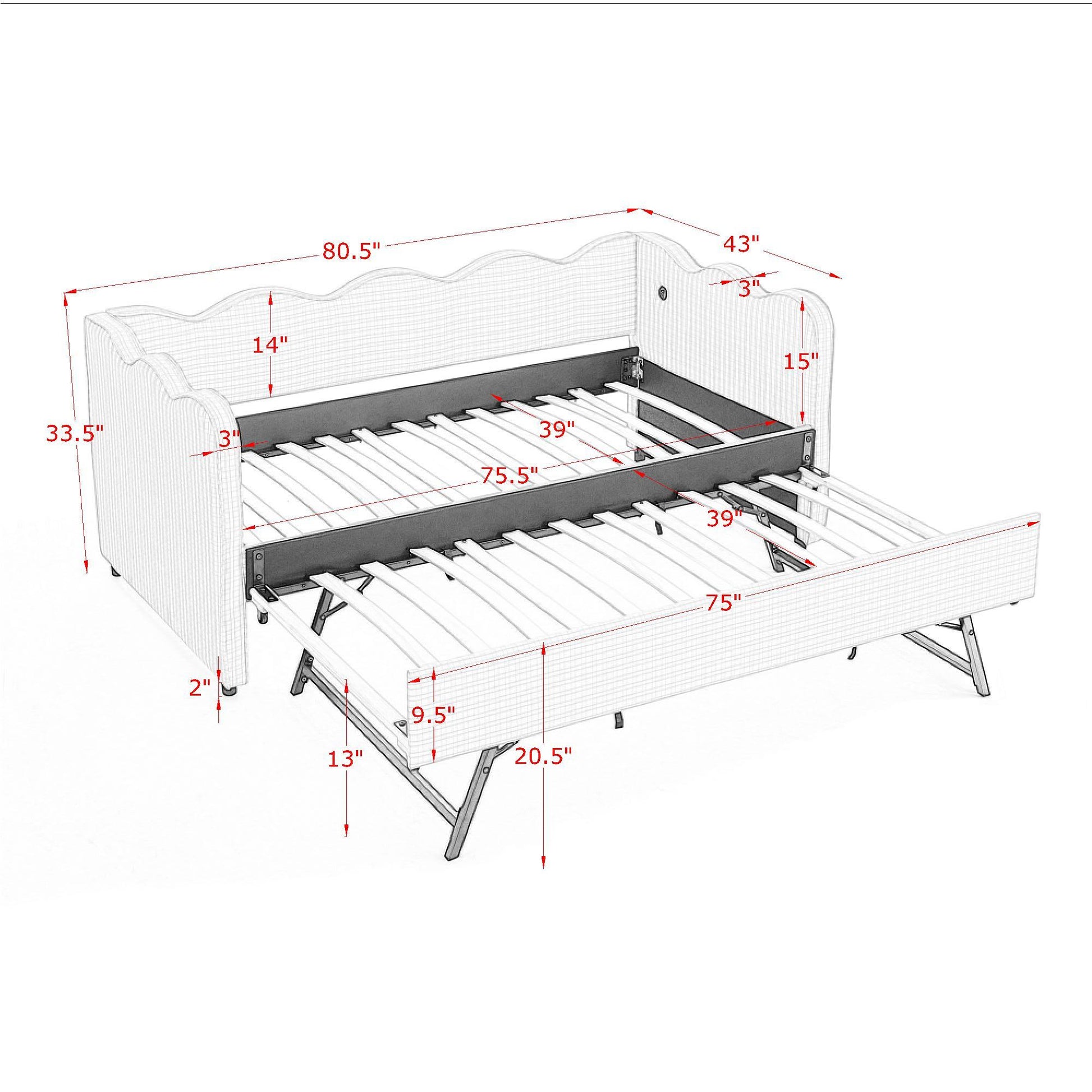 Gingham Daybed With USB Charging Port, Wave Shaped Design - The Sleep Loft - Online Mattress Showroom NYC