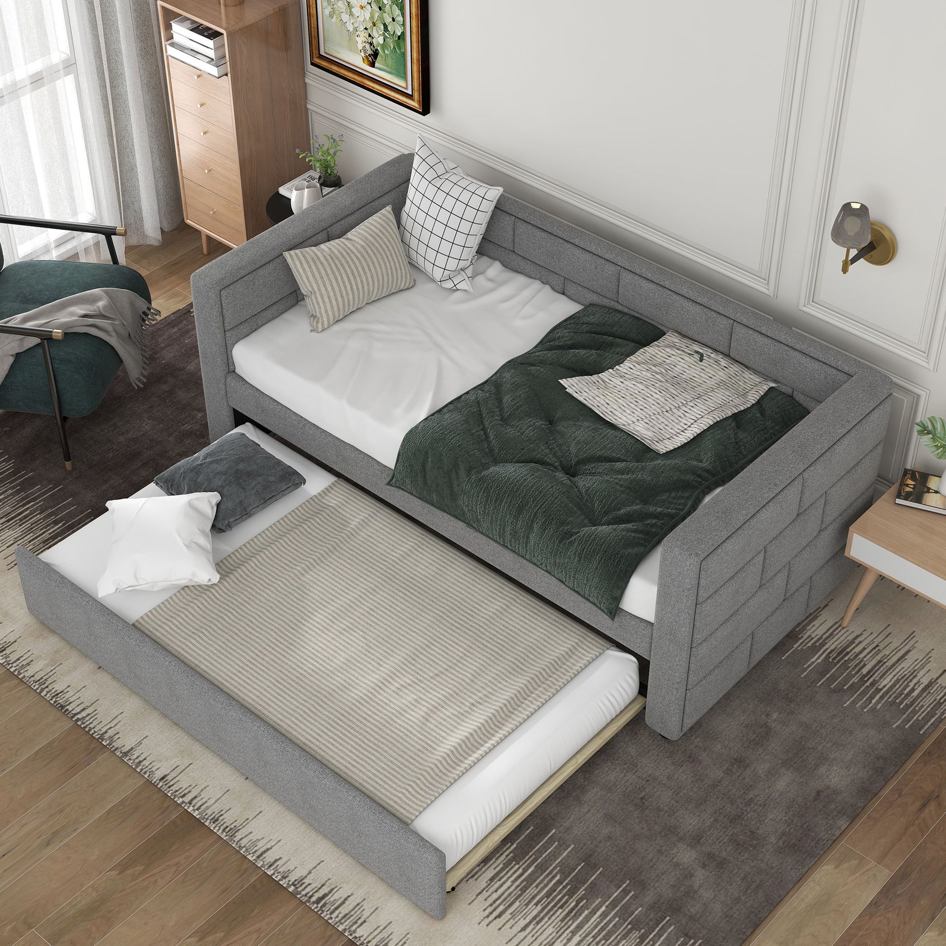 Upholstered Twin Size Daybed With Trundle, Padded Back And Sides - Gray - The Sleep Loft - Online Mattress Showroom NYC