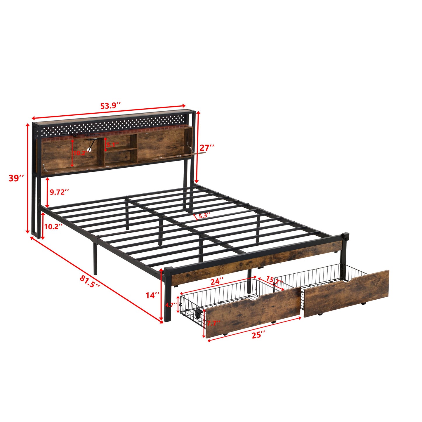 Modern Metal Platform Bed Frame With Wooden Headboard, USB Charging Station, Storage Drawers - The Sleep Loft - Online Mattress Showroom NYC