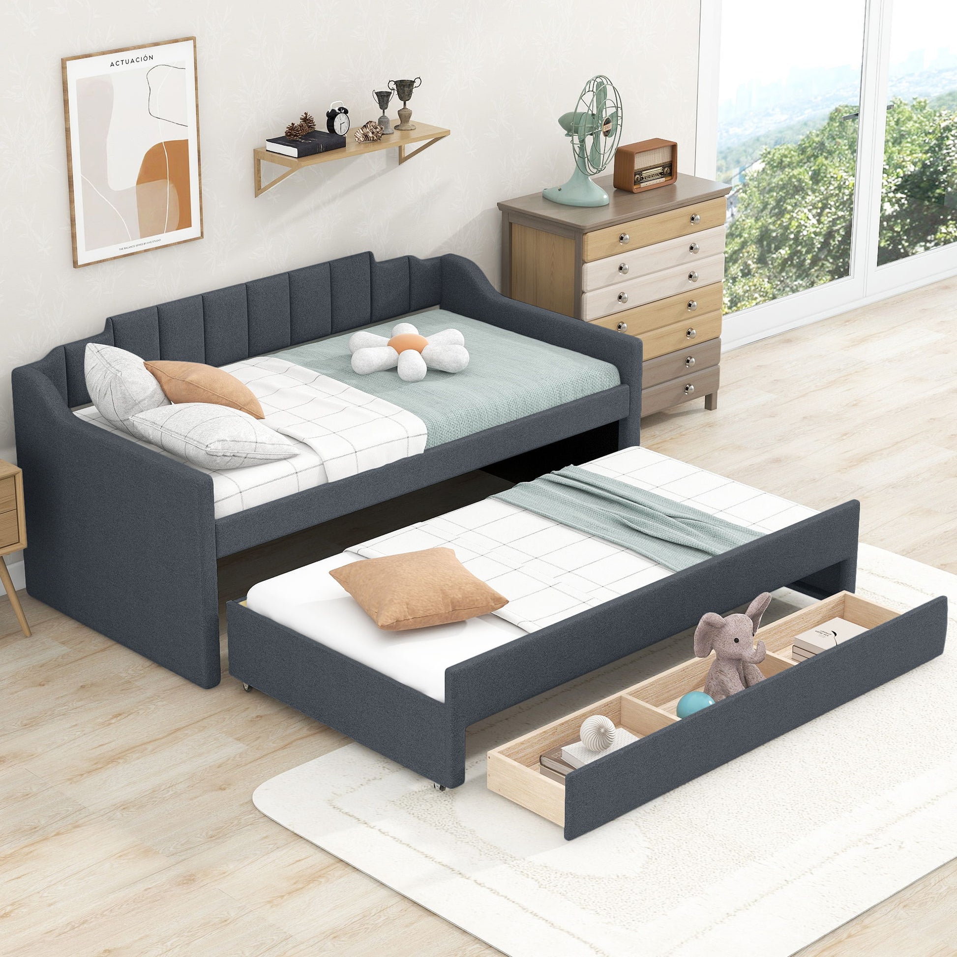 Upholstered Simple Design Daybed With Trundle And 3 Drawers - The Sleep Loft - Online Mattress Showroom NYC