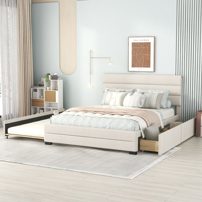 Queen Platform Bed With Twin Trundle And 2 Storage Drawers - Beige - The Sleep Loft - Online Mattress Showroom NYC