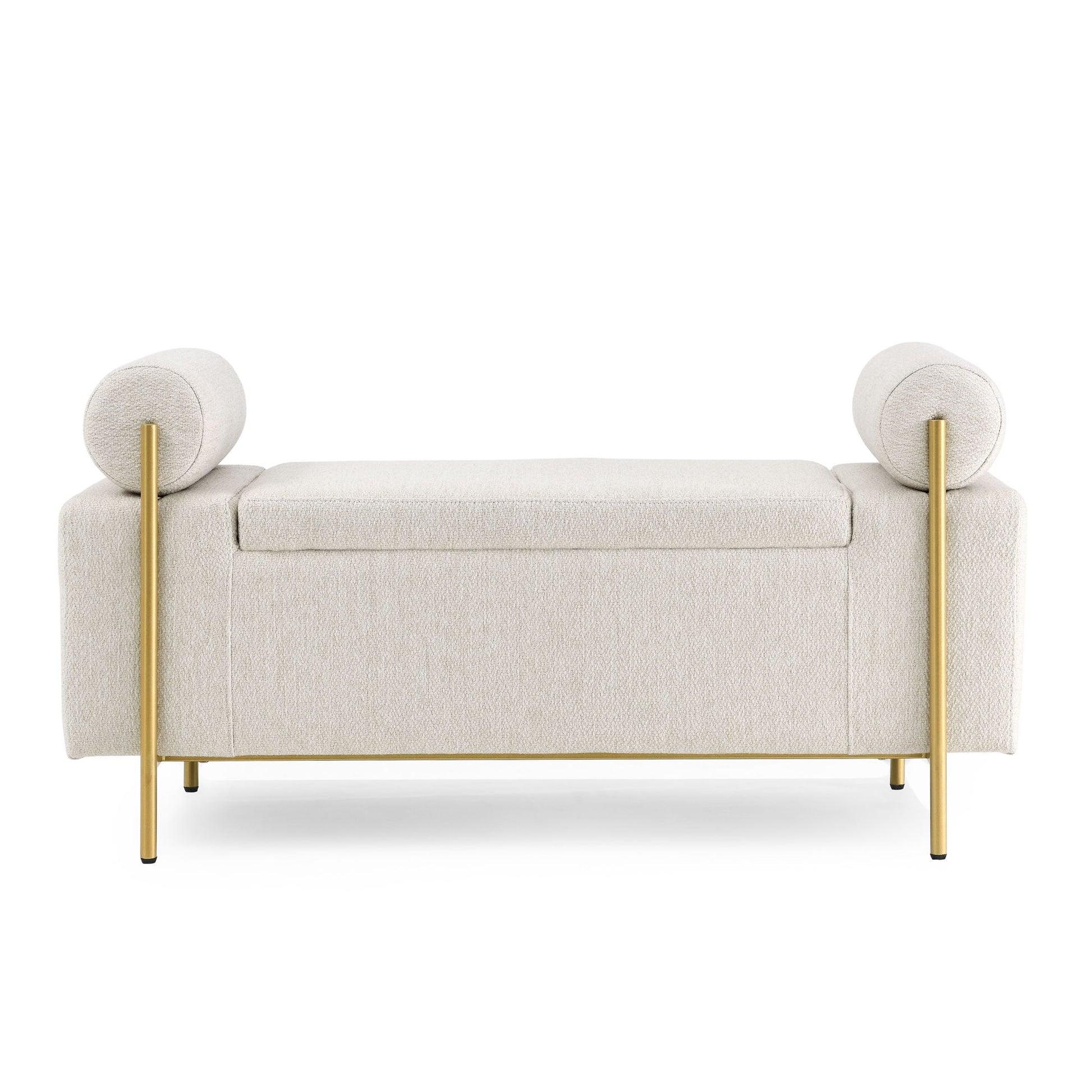 Elegant Upholstered Storage Bench With Cylindrical Arms And Iron Legs, - The Sleep Loft - Online Mattress Showroom NYC