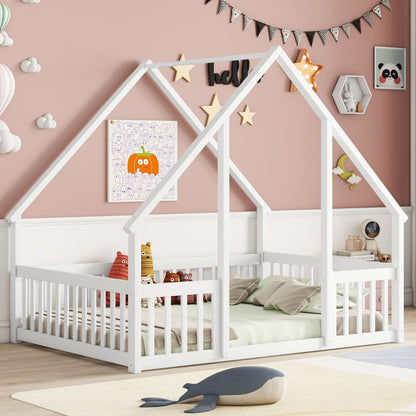 Wood House-Shaped Floor Bed With Fence, Guardrails - The Sleep Loft - Online Mattress Showroom NYC