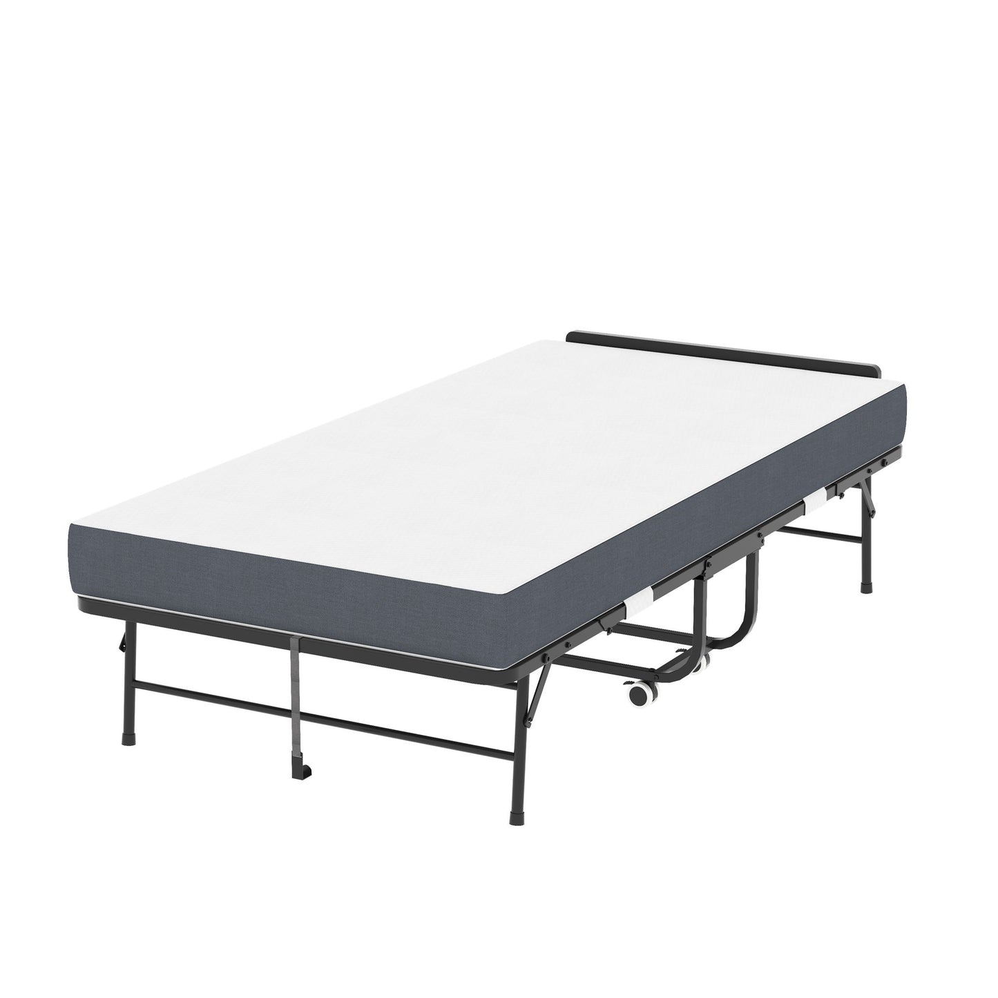 Twin Adjustable Headboard Folding Bed With Memory Foam Mattress, Heavy-Duty Frame Cot For Tall People, Portable Guest On Wheels - Black - The Sleep Loft - Online Mattress Showroom NYC