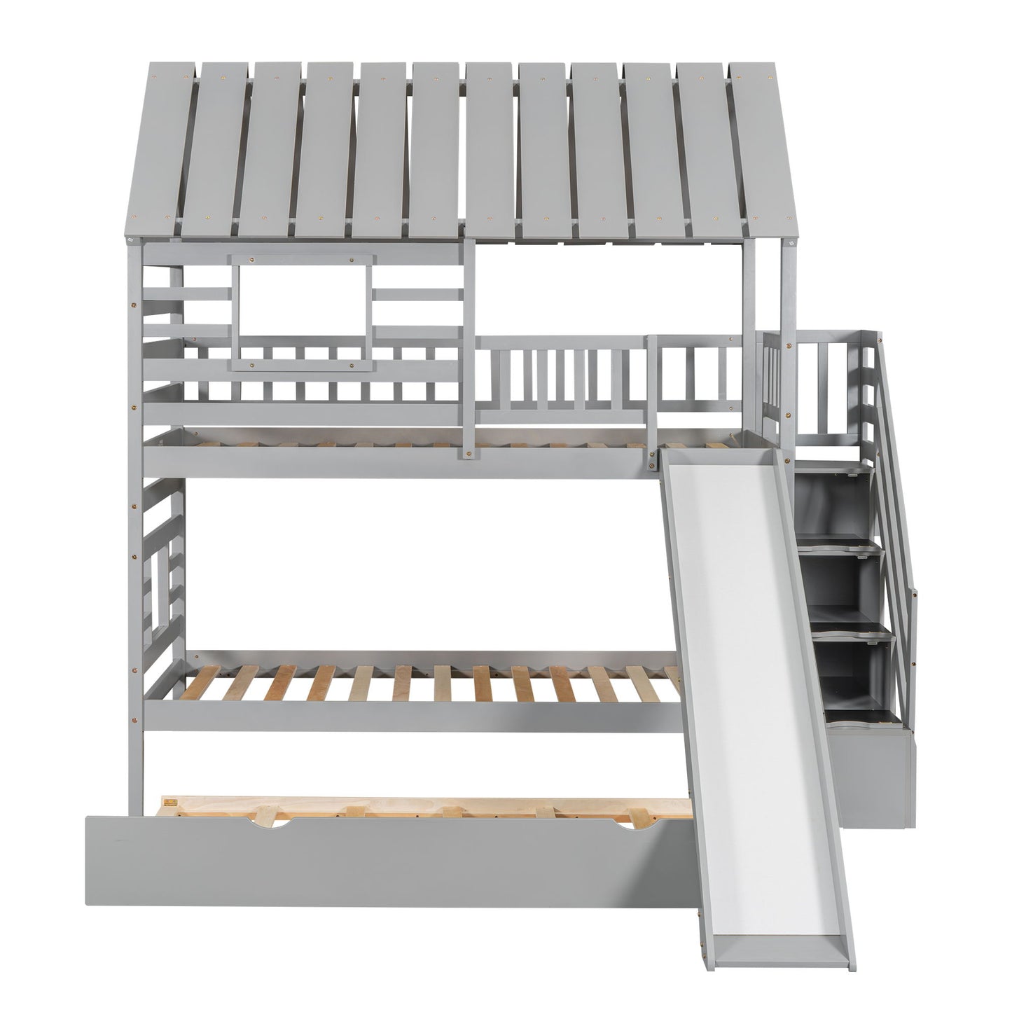 House Bunk Bed With Trundle, Storage Staircase, Roof And Window Design - The Sleep Loft - Online Mattress Showroom NYC