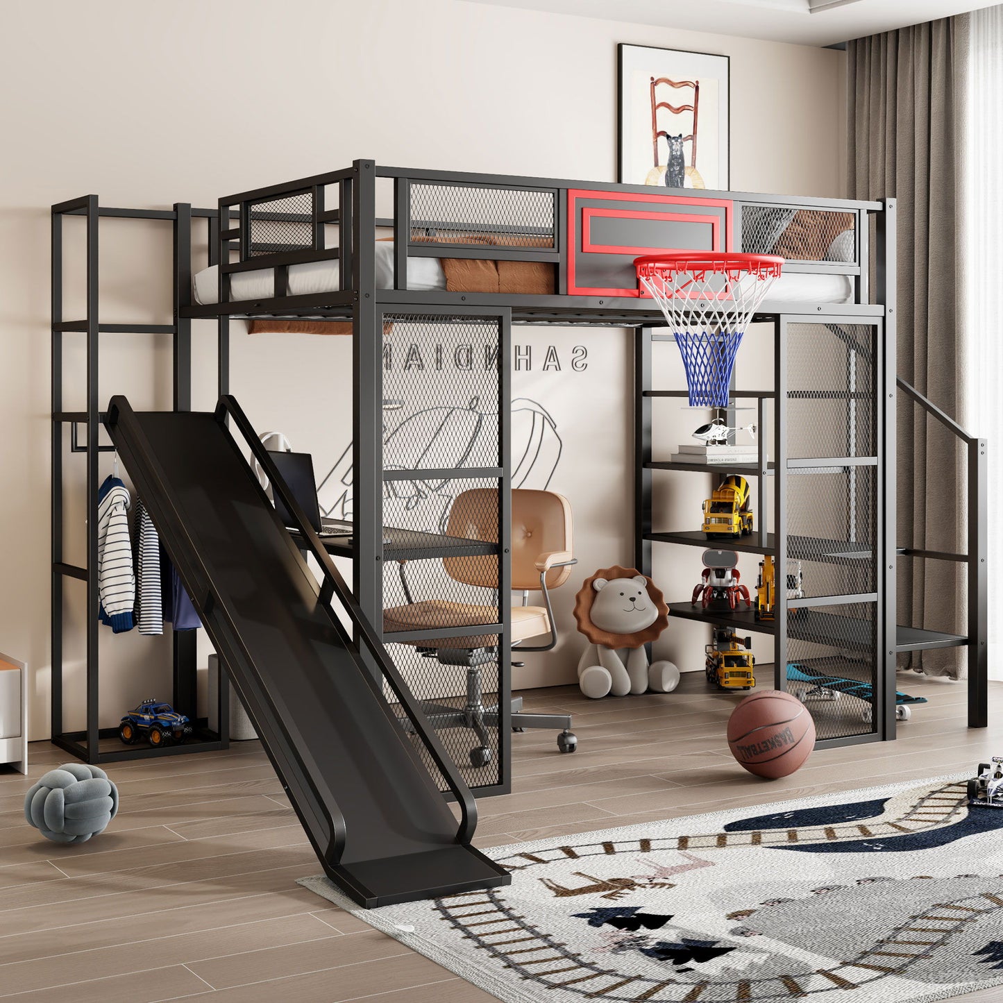 Loft Bed With Built In Desk, Open Wardrobe, Basketball Hoop, Slide And Staircase - The Sleep Loft - Online Mattress Showroom NYC