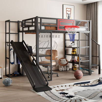 Loft Bed With Built In Desk, Open Wardrobe, Basketball Hoop, Slide And Staircase - The Sleep Loft - Online Mattress Showroom NYC