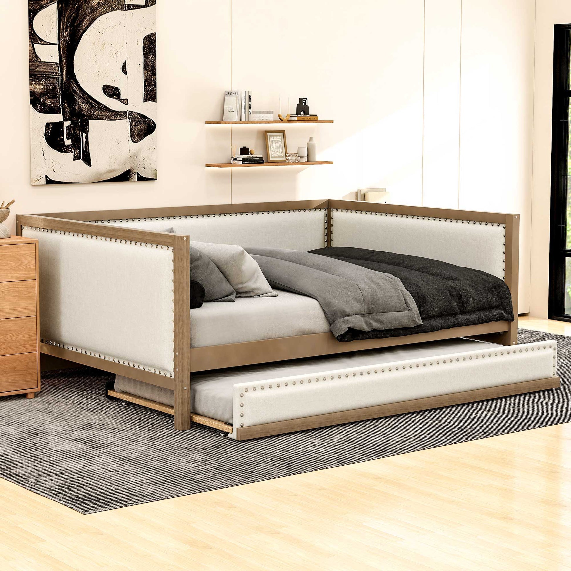 Full Size Daybed With Trundle And Nailhead Decoration - Wood - The Sleep Loft - Online Mattress Showroom NYC
