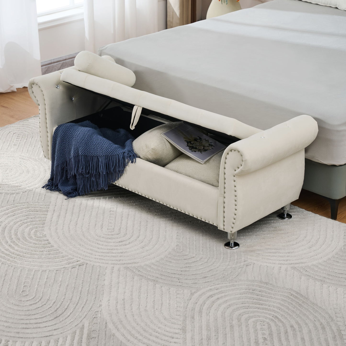 Storage Bench With Crystal Buttons And 1 Pillow For Bedroom - The Sleep Loft - Online Mattress Showroom NYC
