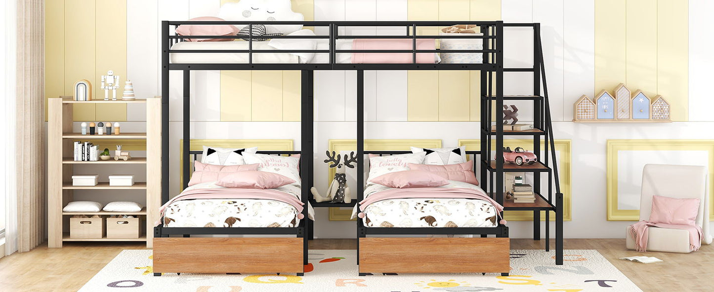 Full Over Twin-Twin Triple Bunk Bed With Drawers And Staircase - Black - The Sleep Loft - Online Mattress Showroom NYC