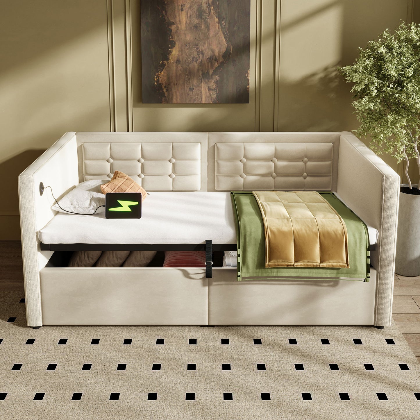Upholstered Hydraulic Storage Daybed With USB & Type C Charging - The Sleep Loft - Online Mattress Showroom NYC