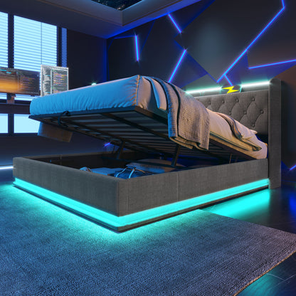 Upholstered Bed, 360 Surround LED Function, Remote Control, Hydraulic Storage Bed With USB, Type-C Charging (Without Mattress) - The Sleep Loft - Online Mattress Showroom NYC