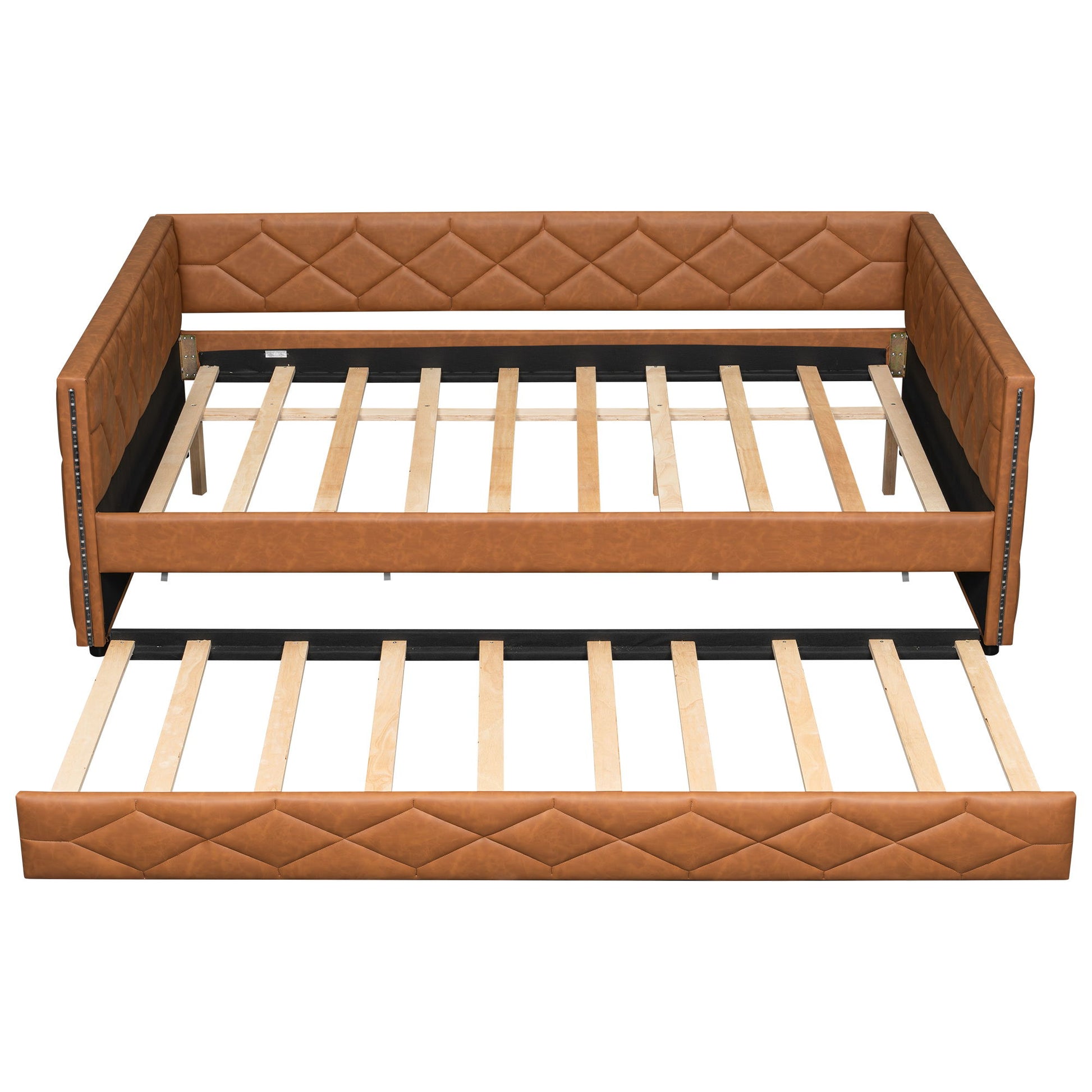 Upholstered Full Long Daybed With Trundle And LED Armrests - Brown - The Sleep Loft - Online Mattress Showroom NYC